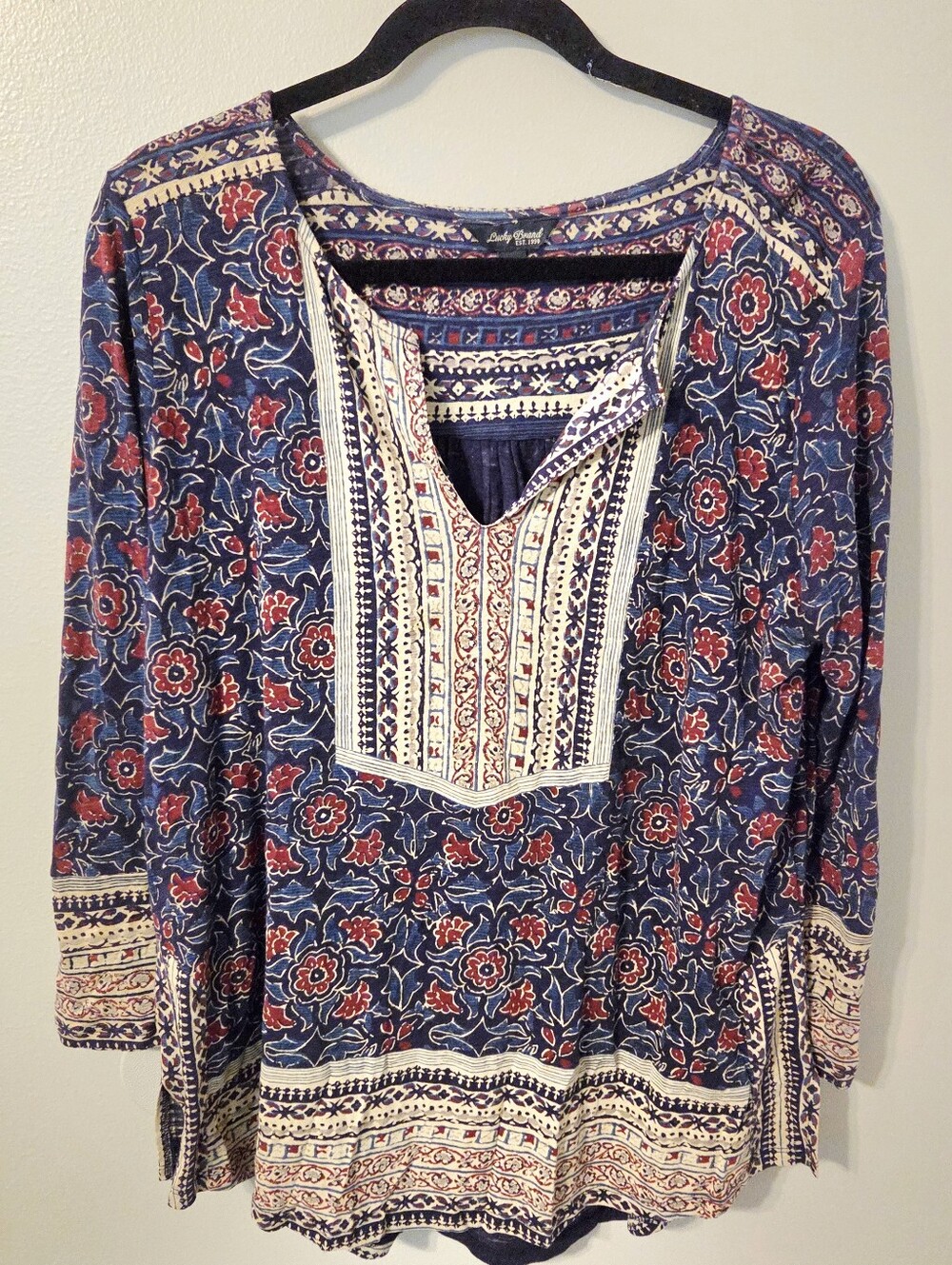Lucky Brand Women's 100% Cotton Boho Blue Floral Batik Tunic Peasant Blouse XL